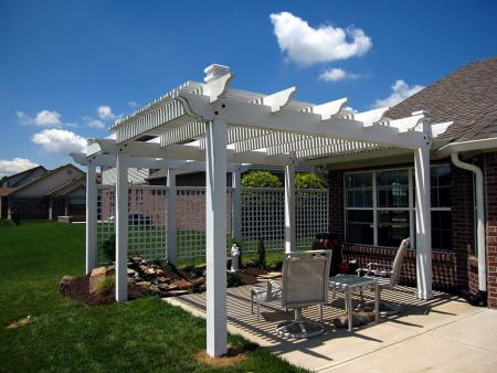 Pergola Over Patio for Sun Shade; Attached Screens for Privacy